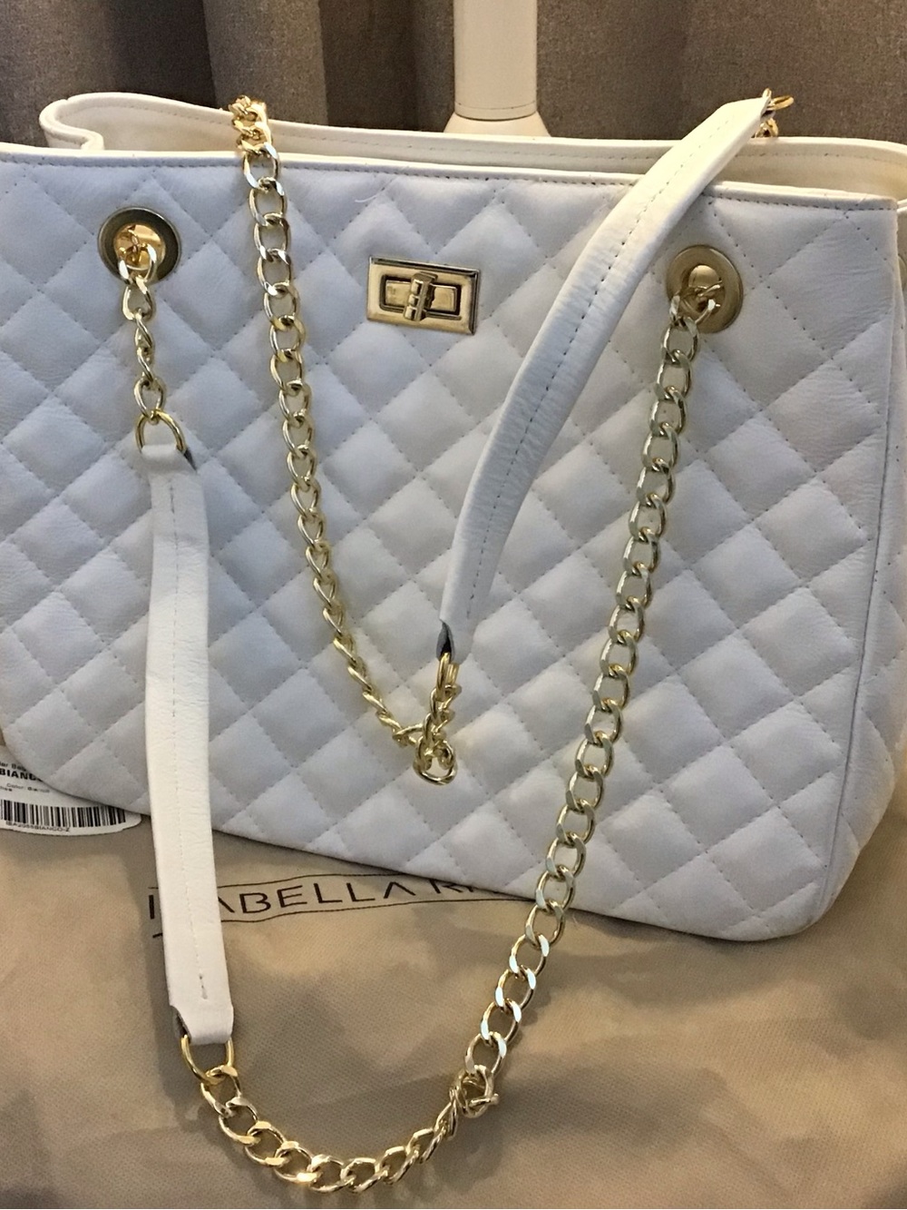 Isabella Fiore White Quilted Tote with Gold Chain Handles
